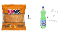 a bag of tommis burger and a bottle of nido soda