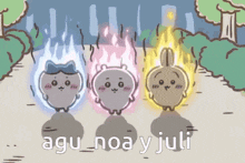 three cartoon characters are standing next to each other with the words " agu noa y juli " on the bottom left