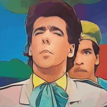 a man with his eyes closed is standing next to another man with his eyes closed
