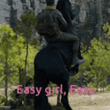 a man with a backpack is riding a black elephant .