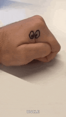 a close up of a person 's hand holding a yellow letter b and the word uncle below it