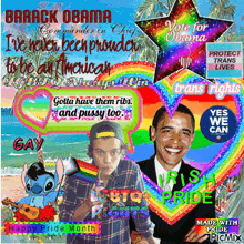 a picture of barack obama is surrounded by rainbows and a rainbow heart