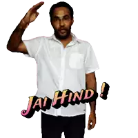 a man in a white shirt with the word jai hind written on it