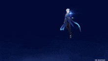a man with long white hair is standing in a dark room .