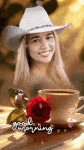 a woman wearing a cowboy hat is sitting next to a cup of coffee and a rose .