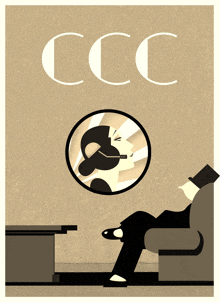 a poster for ccc shows a woman smoking a cigarette and reading a book