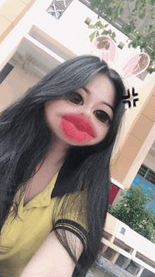 a girl with long black hair takes a selfie with a red lip