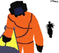 a pixel art drawing of a man in an orange suit and a silhouette of a person