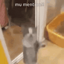 a cat is standing next to a bottle of soap in a bathroom with the words mu mention written on the bottom .