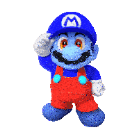 a blue mario wearing red overalls and a blue hat with a letter m on it