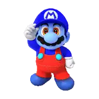 a blue mario wearing red overalls and a blue hat with a letter m on it