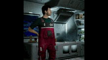 a man wearing red overalls with the number 04 on it