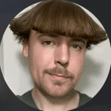 a man with a beard is wearing a bowl cut .