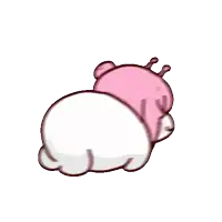 a cartoon character with pink hair and purple eyes is sitting on a white surface .