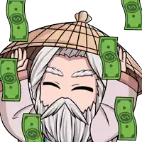 a cartoon drawing of a man with a beard and hat surrounded by money