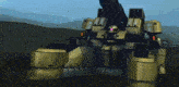 a large robot with a pink head is sitting on top of a hill .