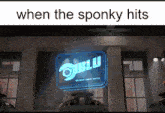 a building with a blue sign that says blu