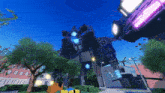 a computer generated image of a robot in a park with trees and a building with 8888 on it