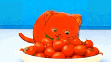 a cartoon cat is eating tomatoes from a bowl .