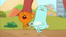 a cartoon of a cat and a blue rabbit holding hands