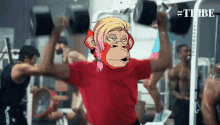 a cartoon of a monkey lifting a dumbbell with the hashtag #tribe