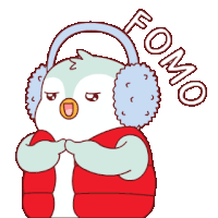 a penguin wearing ear muffs and a red vest with the word fomo on the bottom