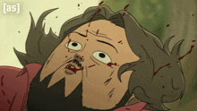 a cartoon drawing of a man with blood on his face and the letters as on the bottom right