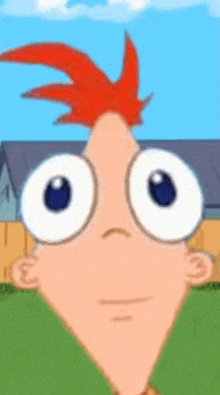 a close up of perry the platypus 's face with big eyes and red hair .