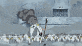 a cartoon drawing of a person standing on a rock with smoke coming out of it