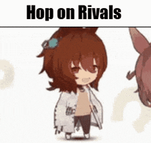 a cartoon girl is standing next to a horse with the words `` hop on rivals '' written on it .