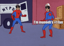 a cartoon of three superheros standing in front of a nypd truck