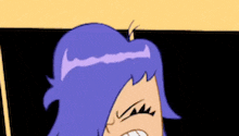 a close up of a cartoon character with blue hair