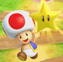 a cartoon toad is holding a yellow star in his hand