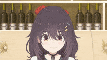 a girl with purple hair is smiling in front of a shelf of wine bottles that say art wines