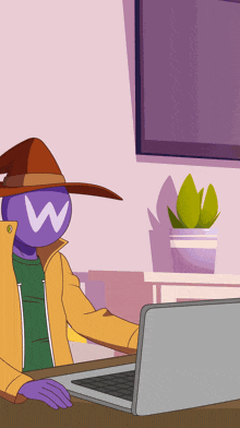 a cartoon character with a purple head with the letter w on it is using a laptop