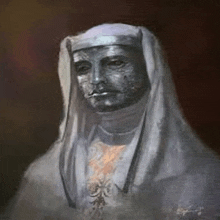 a painting of a woman wearing a white robe and a helmet with a cigarette in her mouth .