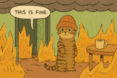 a cartoon cat is standing in front of a fire saying this is fine