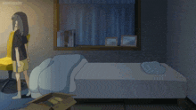 a girl is standing in front of a bed in a room with animepahe written on the bottom right
