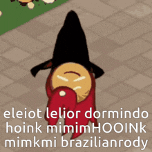 a cartoon character with a black hat and red gloves is walking down a brick sidewalk .