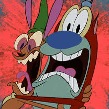 two cartoon characters with their mouths open and their tongues sticking out