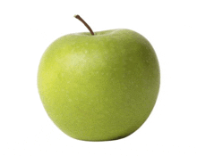 a green apple on a white background with a stem