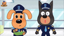 two cartoon dogs wearing police uniforms with the letter b on their caps