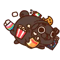 a cartoon drawing of a pug dog surrounded by snacks including popcorn and cookies