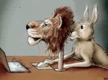 a cartoon drawing of a lion and a rabbit using a laptop computer