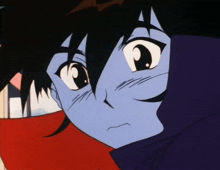 a close up of a blue anime character 's face with a red scarf around his neck