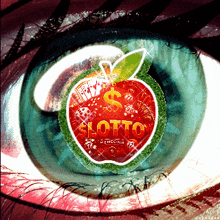 a close up of a person 's eye with a red apple with the word lotto in the middle