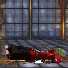 a cartoon character is laying on the floor in a room