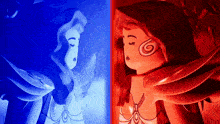 a blue and red painting of a girl with a swirl on her face