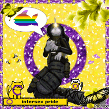 a picture of a person with a rainbow fish in a speech bubble says intersex pride
