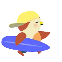 a cartoon of a bird carrying a surfboard with the words surf 's up above him